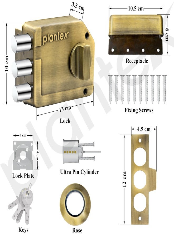 Plantex Tri-Bolt Lock for Main Door/Heavy Duty Door Lock with 4 Keys/Suitable on Single Door for Home/Office/Hotel - Pack of 1 (Brass Antique) - Image 4